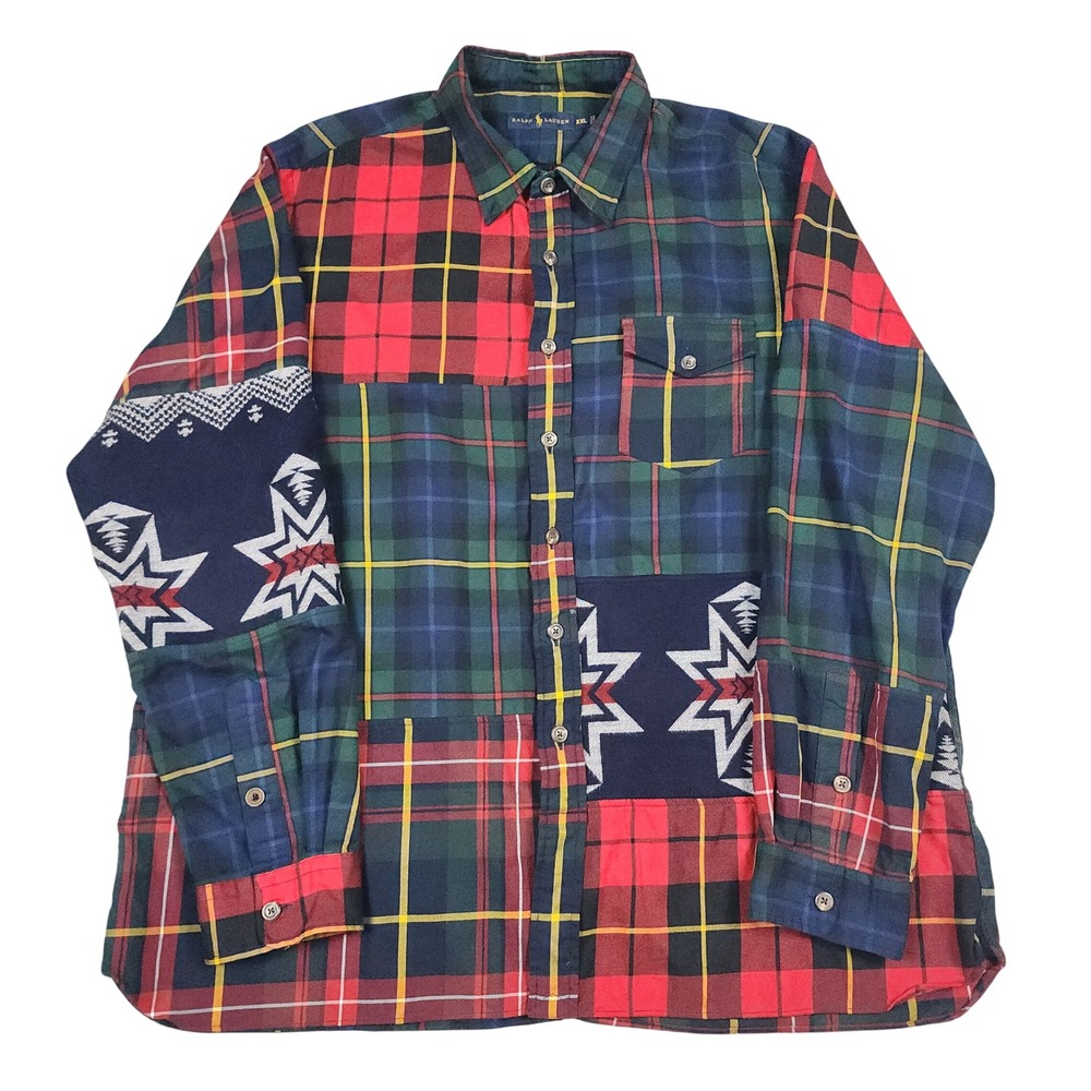 Ralph Lauren Shirt Mens XXL Multicolor Patchwork Plaid Fair Isle Button Up